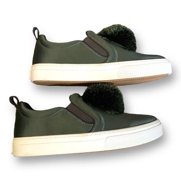 Tory Burch Daphne Pom Pom Sneaker Satin Lux Olive Green Slip On Shoe Size 8 - Picture 7 of 11